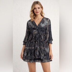 ZARA Boho Paisley Tiered Mini Dress Size M Sheer Long Sleeve Babydoll Tunic